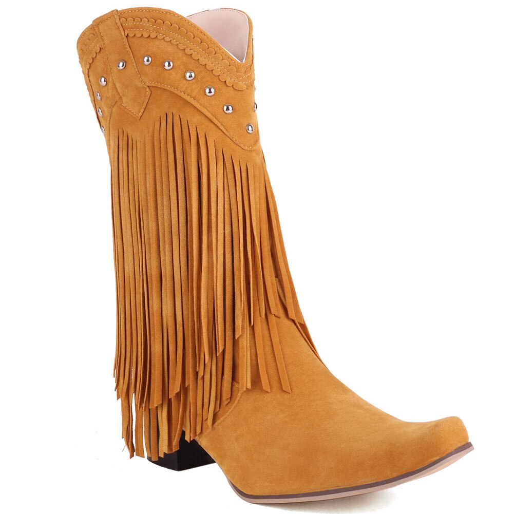 Cowboy Western Boots Fringe Stacked Heels Wide Calf Retro Riding Boots-Multiple Options