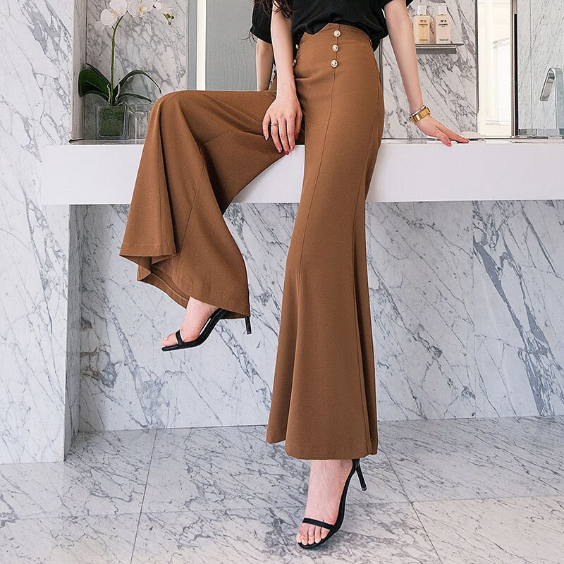 High Waist Loose Full Length Wide Leg Pants-Khaki/Apricot