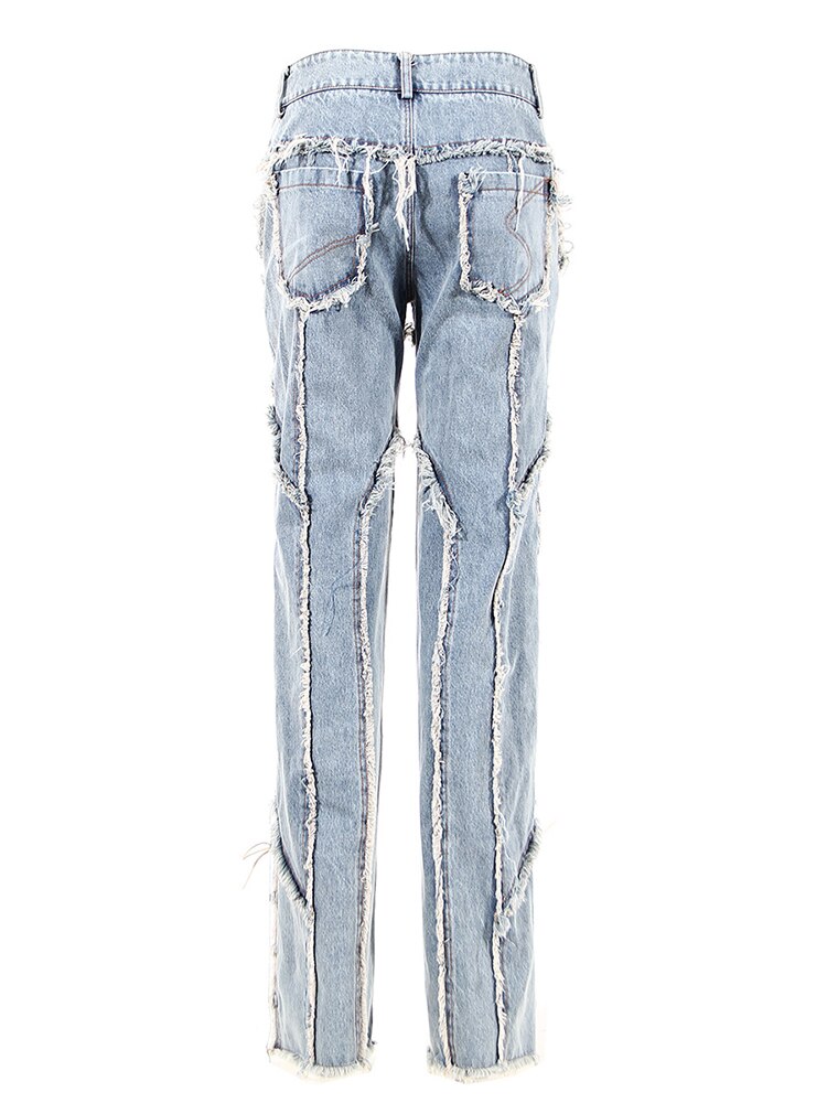 Fringe Stitched Rope Lace Up Straight Jean Pants-Light Blue