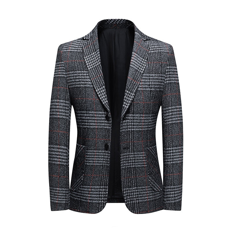 Plaid Suit Blazer Jacket Coat-Khaki/Gray
