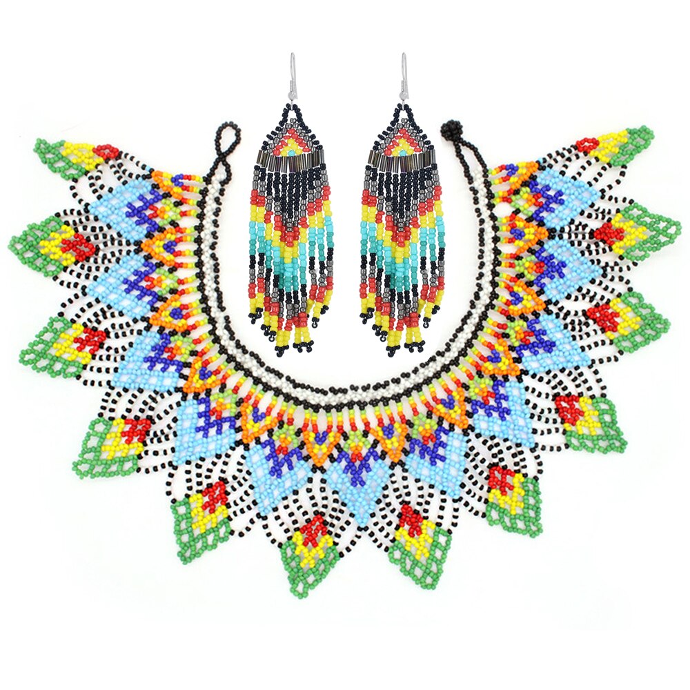 Beaded Bib Statement Choker Necklace/Earrings/Set-Multicolor