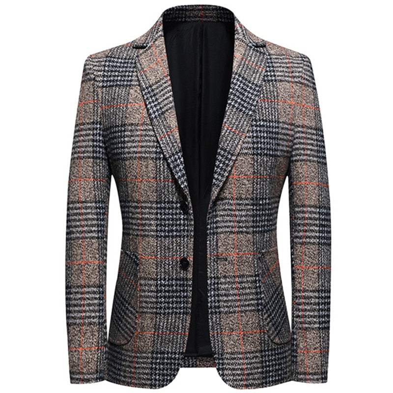 Plaid Suit Blazer Jacket Coat-Khaki/Gray