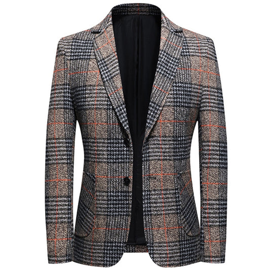 Plaid Suit Blazer Jacket Coat-Khaki/Gray