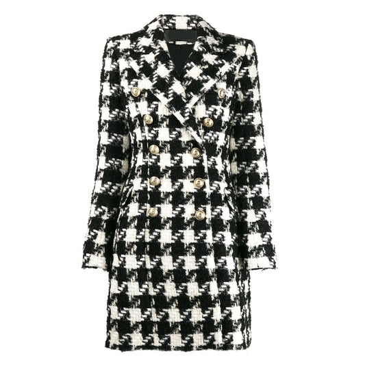 Houndstooth Double Breasted Lion Button Long Coat Jacket-Black/White