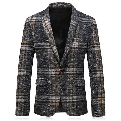 Plaid Suit Blazer Jacket Coat-Gray/Coffee