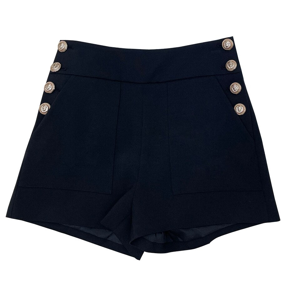 High-Waisted Button Shorts-Black/White