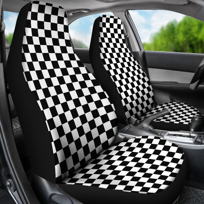 Black and White Checkered Car Seat Covers Set Seat Protectors Universal Fit For Bucket Seats In Cars and SUVs Racing Theme