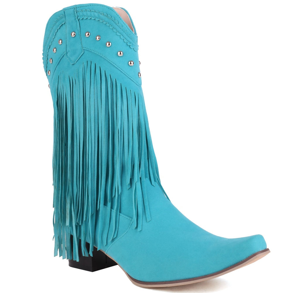 Cowboy Western Boots Fringe Stacked Heels Wide Calf Retro Riding Boots-Multiple Options