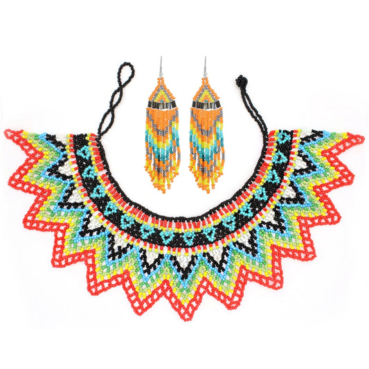 Beaded Bib Statement Choker Necklace/Earrings/Set-Multicolor
