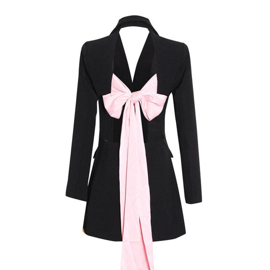Long Sleeve Backless with Pink Bow Blazer Jacket-Black/White
