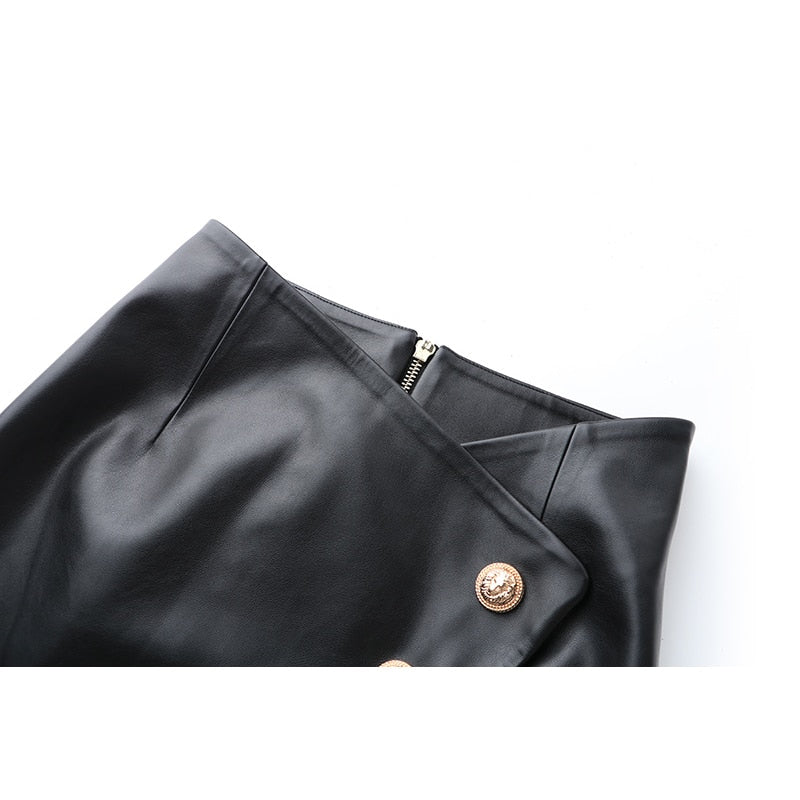 Faux Leather Button PU Mini Skirt-Black