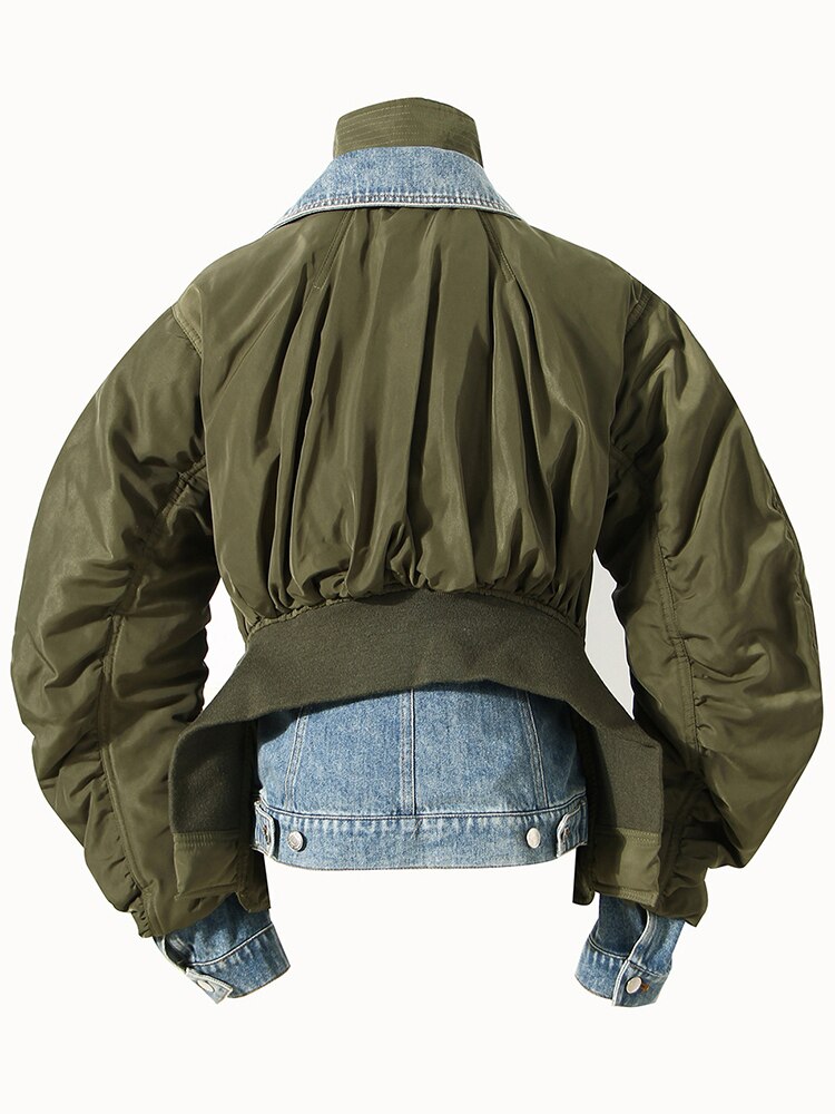 Long Sleeve Color Block Denim Jacket-Green