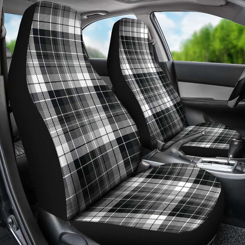 Plaid Car Seat Covers Gray, White, Black Tartan Pattern Seat Covers Set of 2 Plaid Car Accessories Universal Fit Bucket Seat Pro