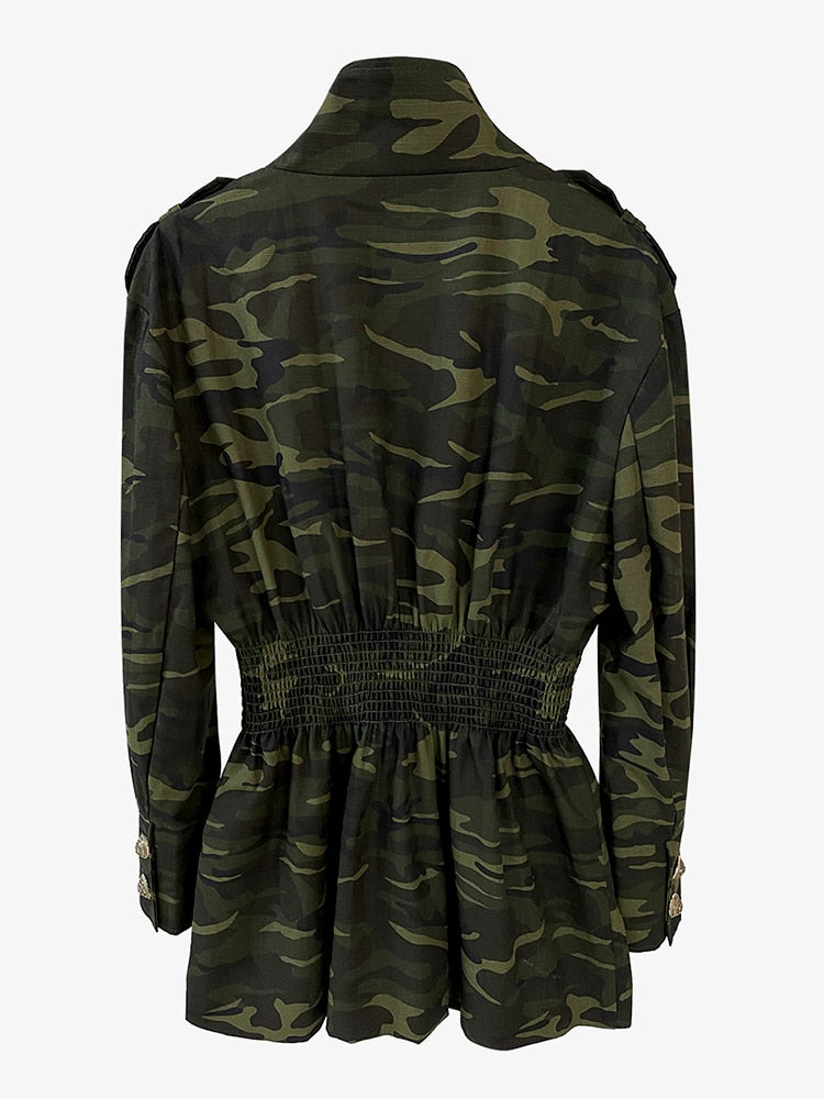 Long Sleeve Gathered Waist Jacket-Camo