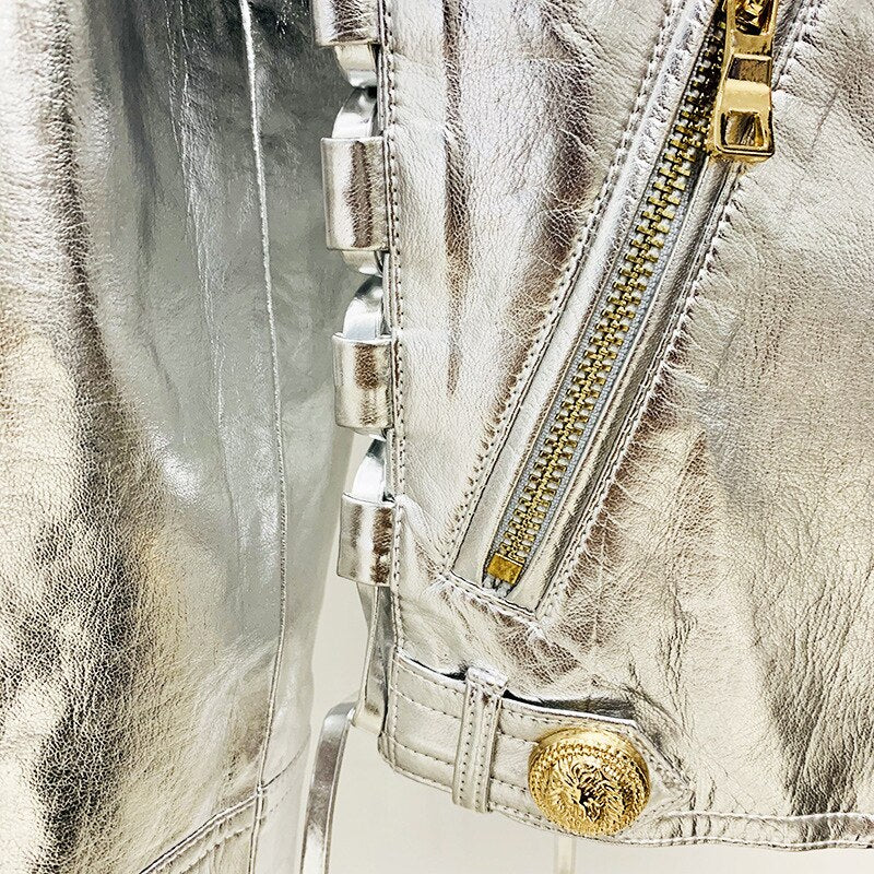 Cropped Faux Leather PU Biker Jacket-Metallic Silver