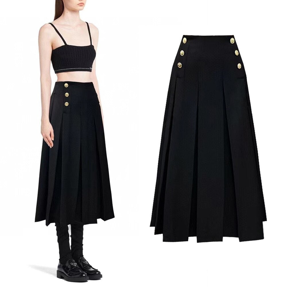 Button Midi Skirt-Black/Grey