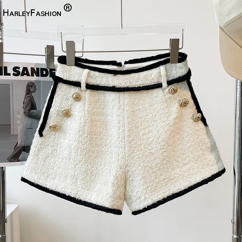 Tweed Button Shorts-Black/White