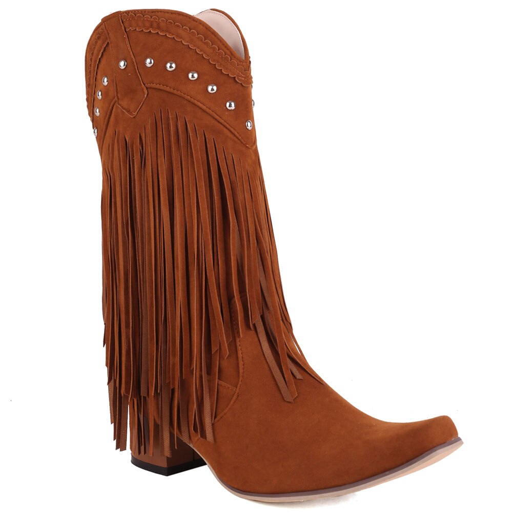 Cowboy Western Boots Fringe Stacked Heels Wide Calf Retro Riding Boots-Multiple Options