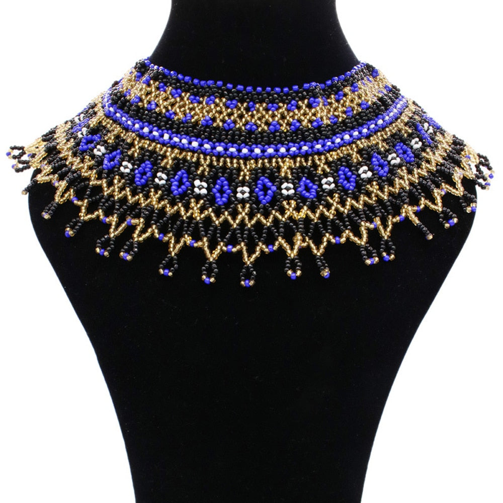 Beaded Bib Statement Choker Necklace/Earrings/Set-Multicolor