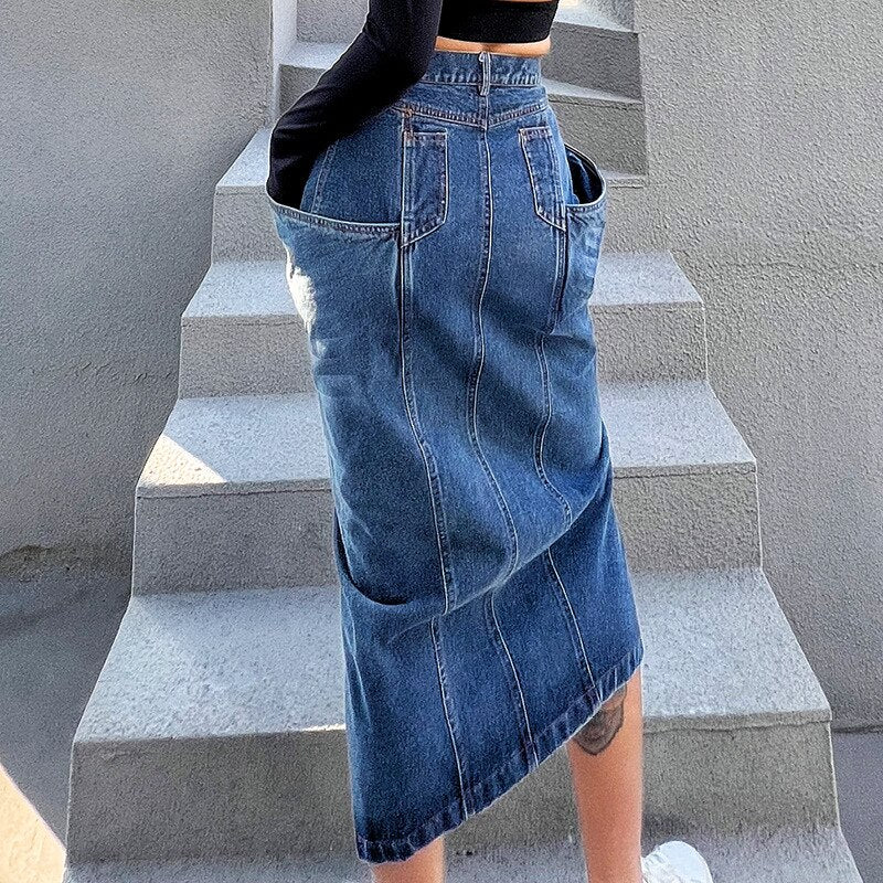 Blue Large Pockets Mid Calf Slit Denim Skirt
