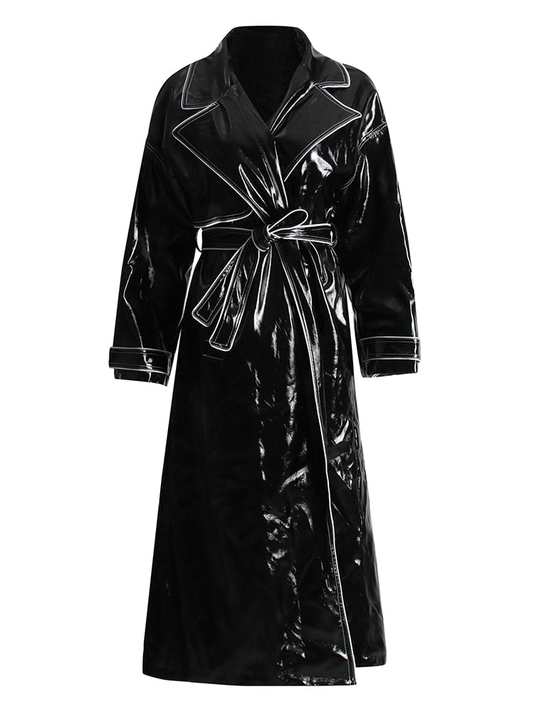 Faux Leather Belted PU Trench Coat-Black/Red
