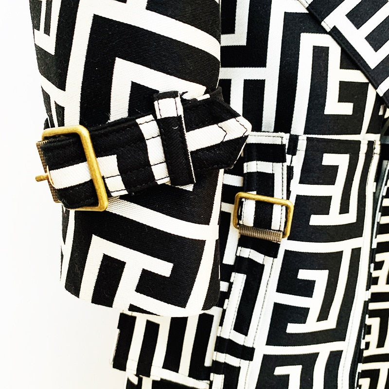 Geometric Lattice Trench Coat-Black/White