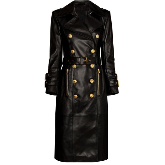 Faux Leather Belted PU Trench Coat-Black
