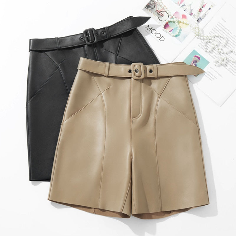 Faux Leather Belted PU Shorts-Khaki/Black