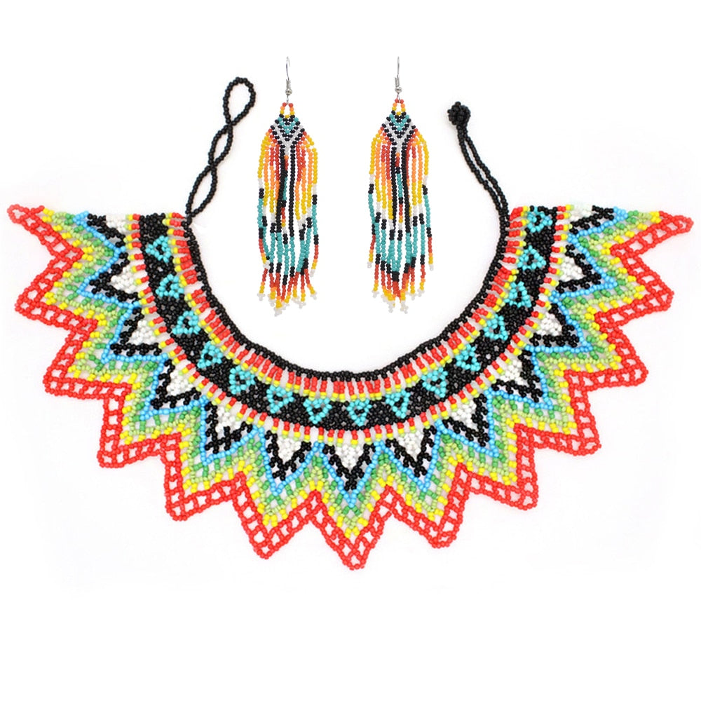 Beaded Bib Statement Choker Necklace/Earrings/Set-Multicolor