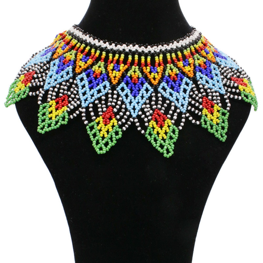 Beaded Bib Statement Choker Necklace/Earrings/Set-Multicolor