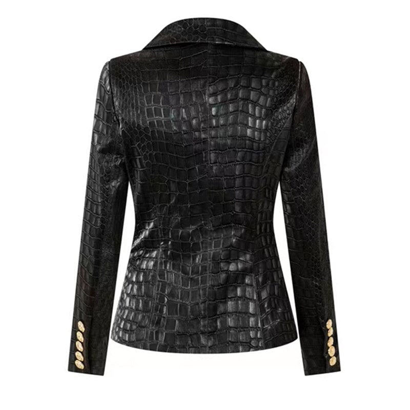 Faux Leather Double Breasted PU Blazer Jacket-Crocodile