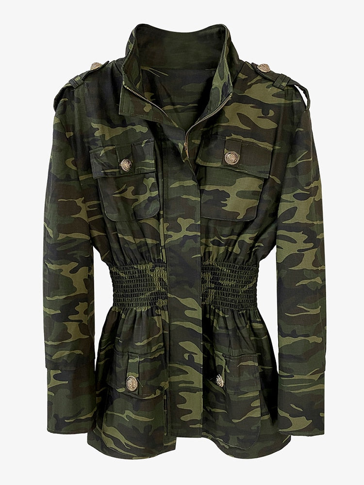 Long Sleeve Gathered Waist Jacket-Camo