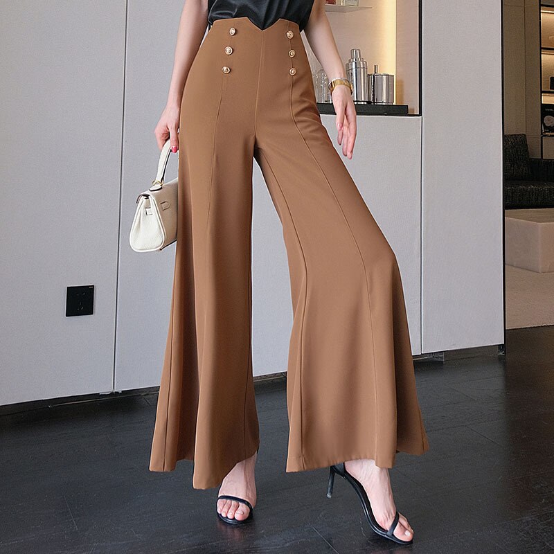 High Waist Loose Full Length Wide Leg Pants-Khaki/Apricot