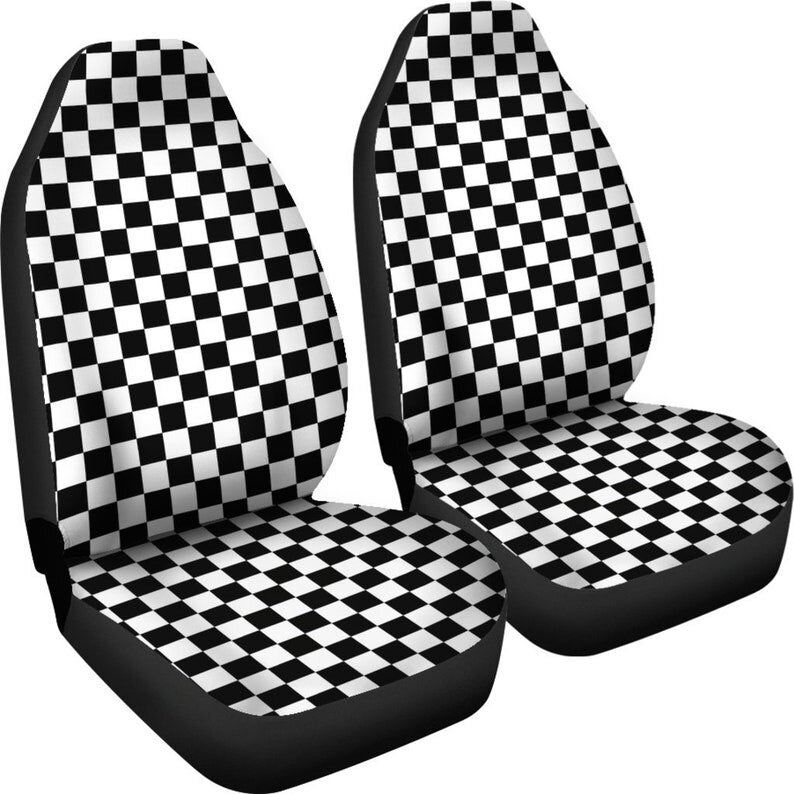 Black and White Checkered Car Seat Covers Set Seat Protectors Universal Fit For Bucket Seats In Cars and SUVs Racing Theme