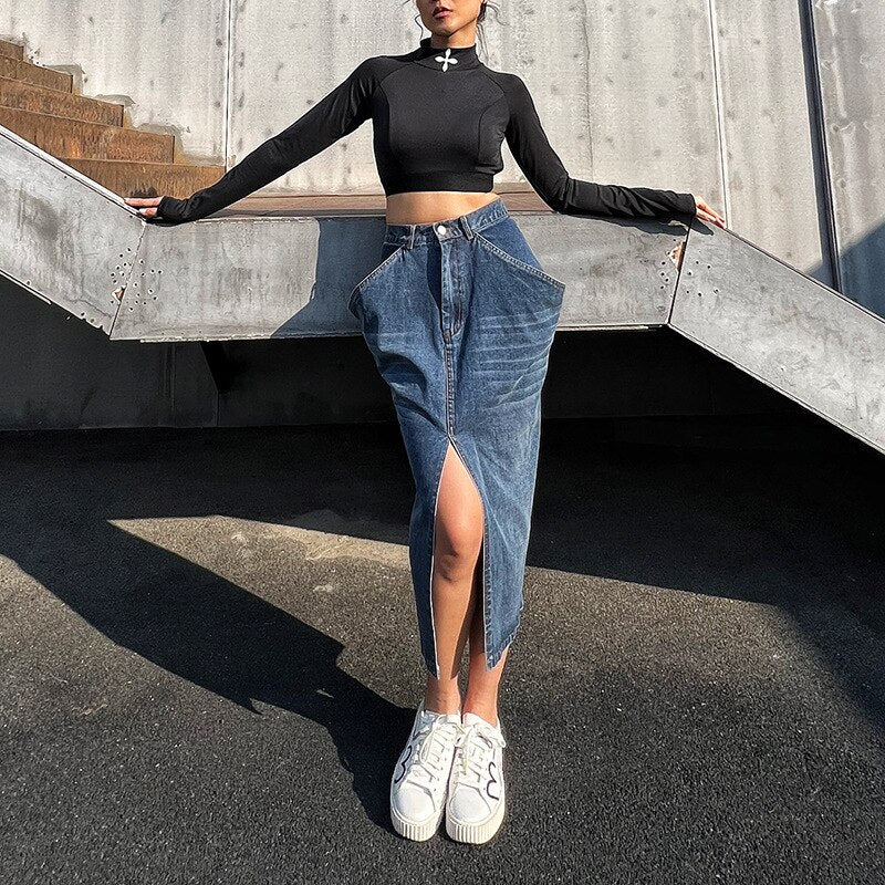 Blue Large Pockets Mid Calf Slit Denim Skirt