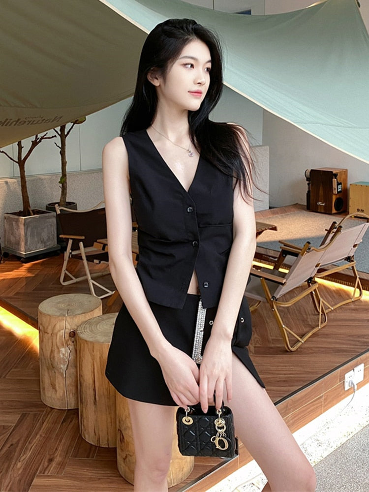 High Waist Diamond Buckle Mini Skirt-Black