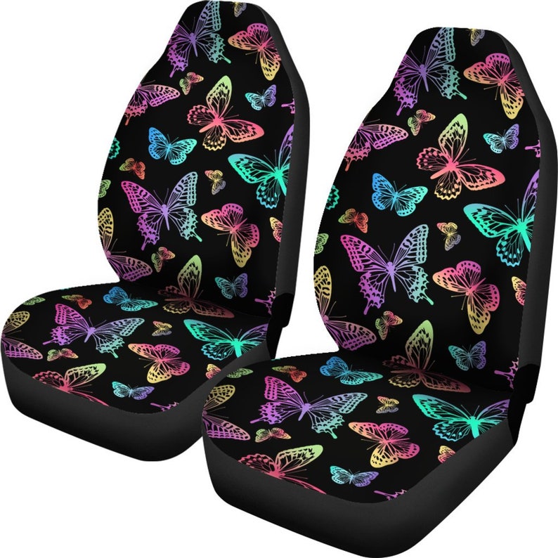 Colorful Butterflies Black Car Seat Covers Pair, 2 Front Seat Covers, Car Seat Protector, Car Accessories