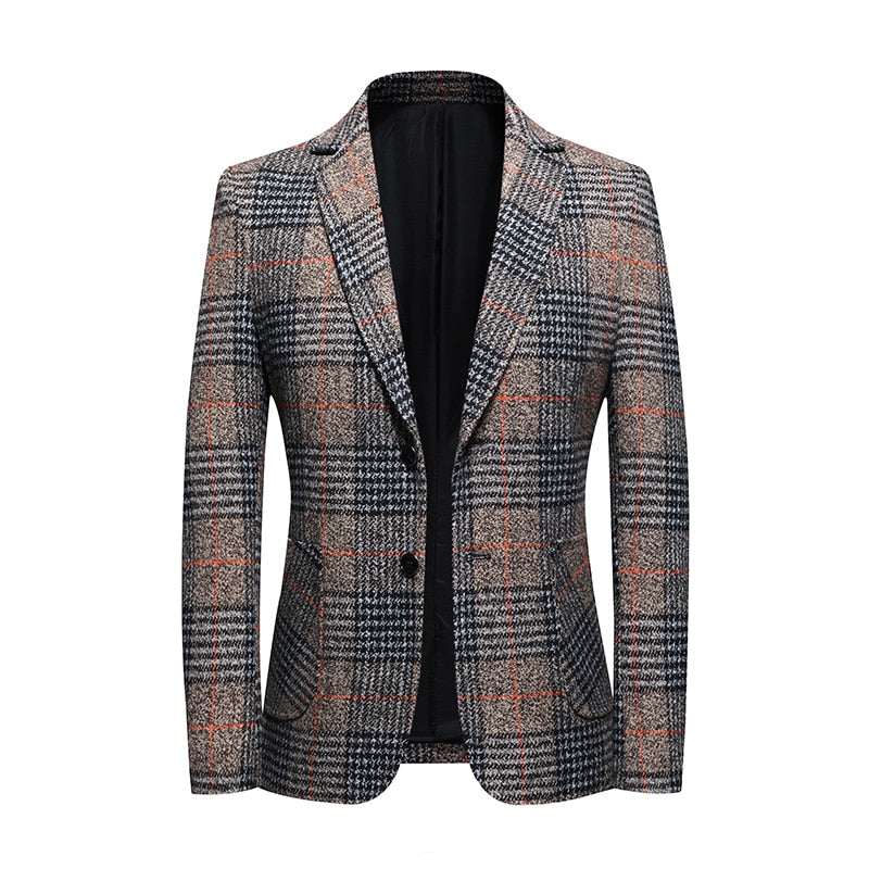 Plaid Suit Blazer Jacket Coat-Khaki/Gray