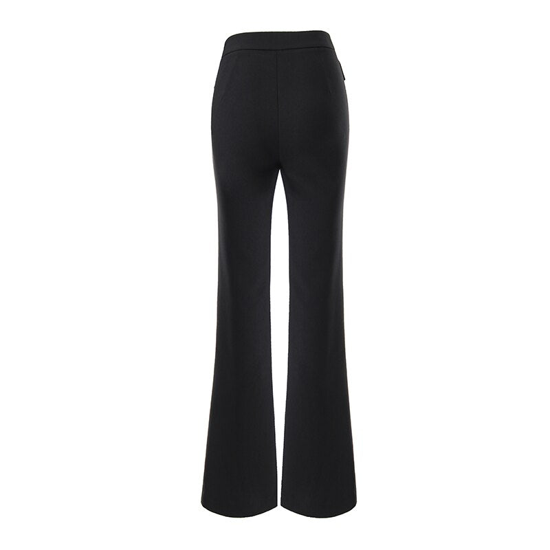 High Waist Wide Leg Chain Zipper Pants-Black