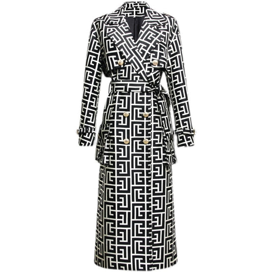 Geometric Lattice Trench Coat-Black/White