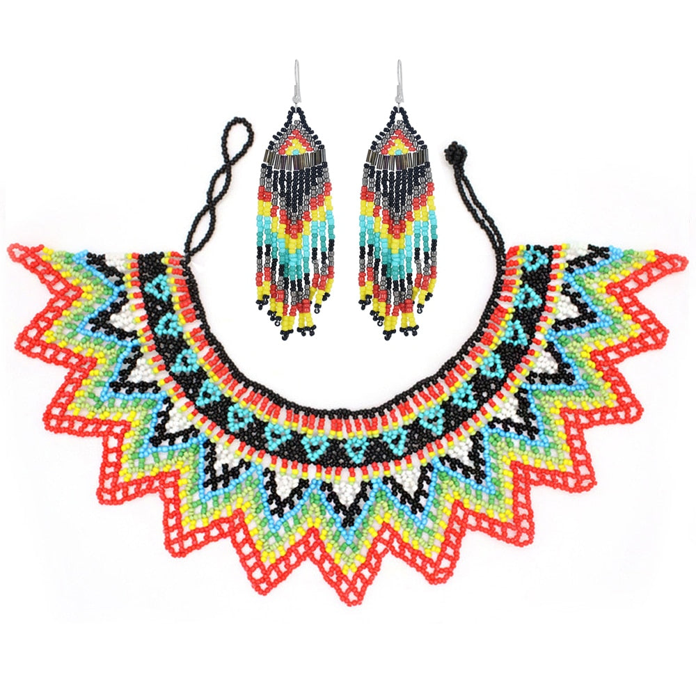 Beaded Bib Statement Choker Necklace/Earrings/Set-Multicolor