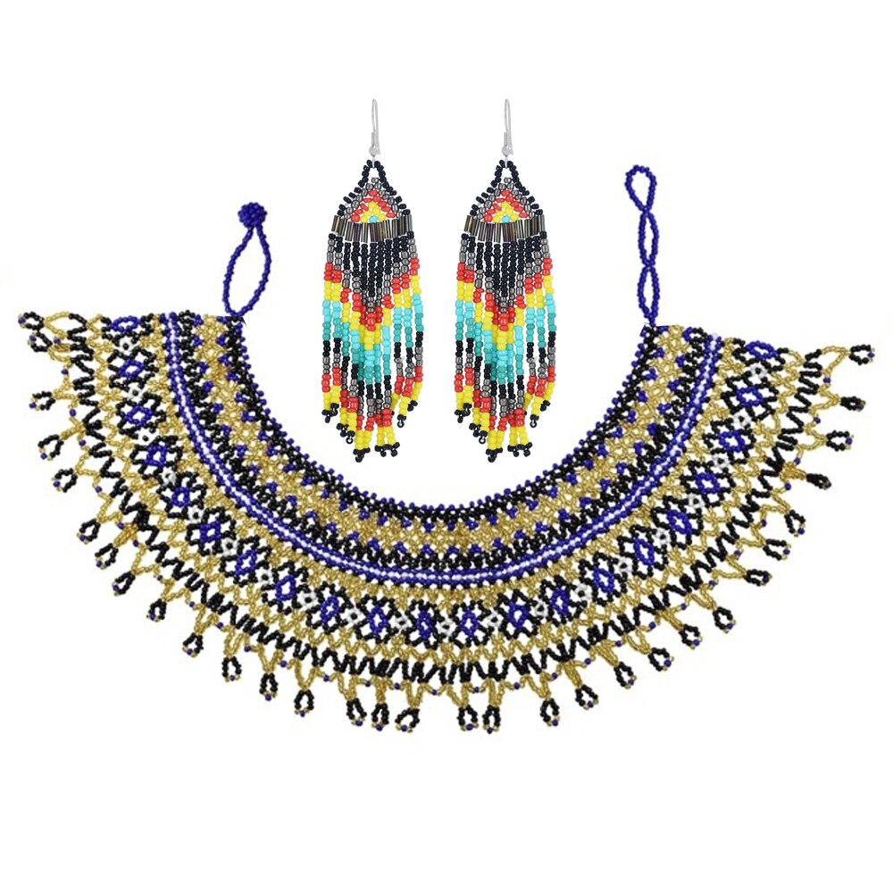 Beaded Bib Statement Choker Necklace/Earrings/Set-Multicolor