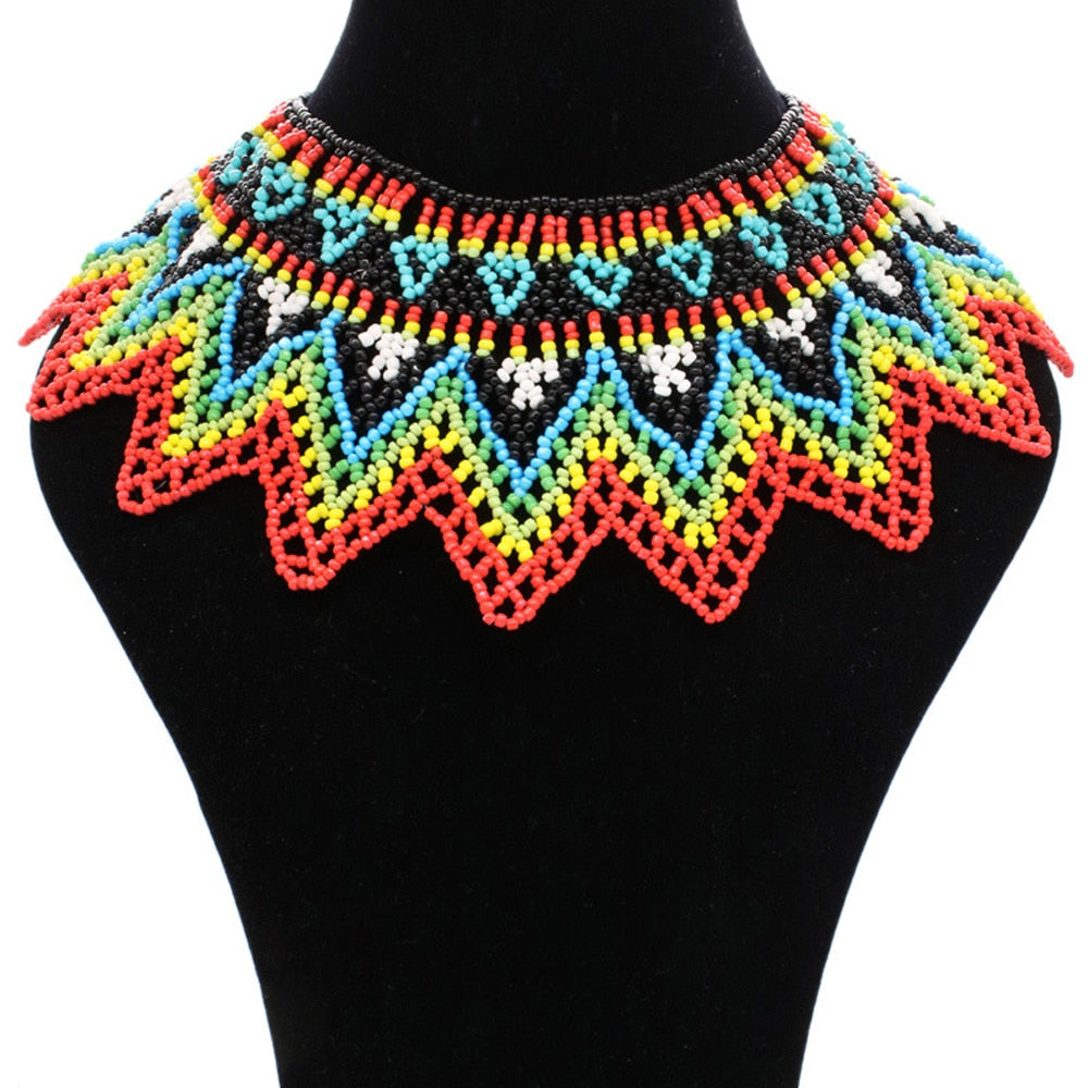 Beaded Bib Statement Choker Necklace/Earrings/Set-Multicolor