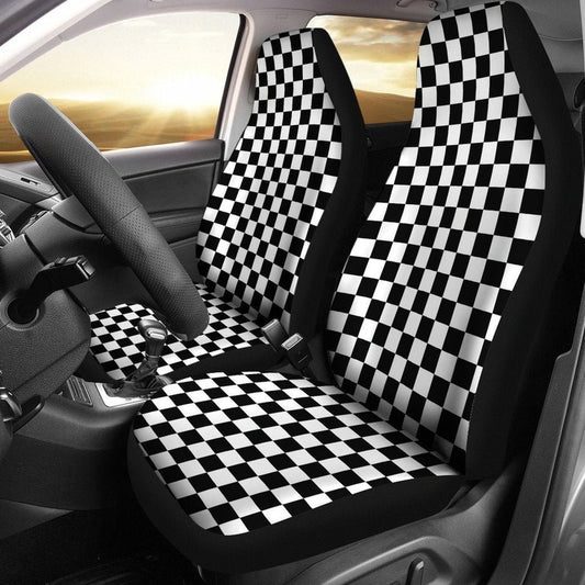 Black and White Checkered Car Seat Covers Set Seat Protectors Universal Fit For Bucket Seats In Cars and SUVs Racing Theme