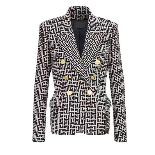 Geometric Lattice Double Breasted Blazer Jacket-Black
