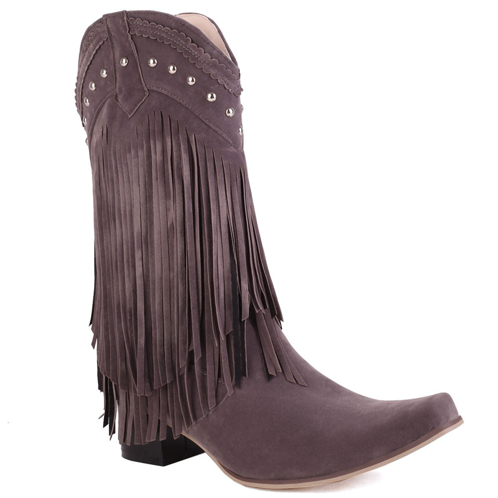 Cowboy Western Boots Fringe Stacked Heels Wide Calf Retro Riding Boots-Multiple Options