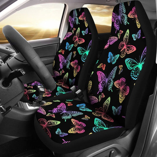 Colorful Butterflies Black Car Seat Covers Pair, 2 Front Seat Covers, Car Seat Protector, Car Accessories