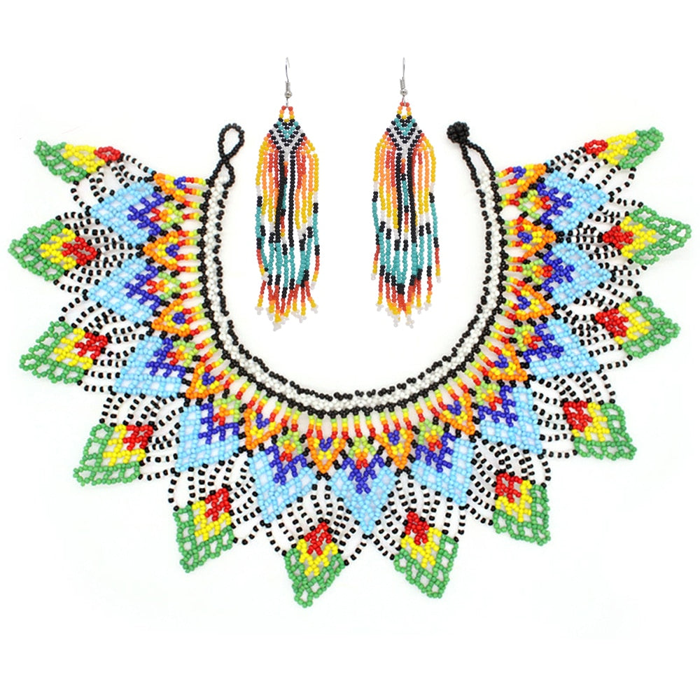 Beaded Bib Statement Choker Necklace/Earrings/Set-Multicolor