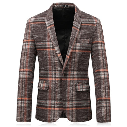 Plaid Suit Blazer Jacket Coat-Gray/Coffee