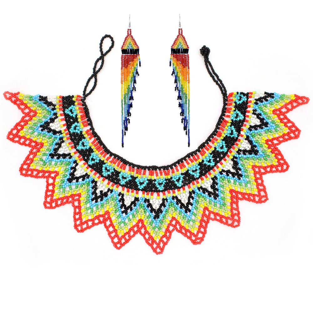 Beaded Bib Statement Choker Necklace/Earrings/Set-Multicolor